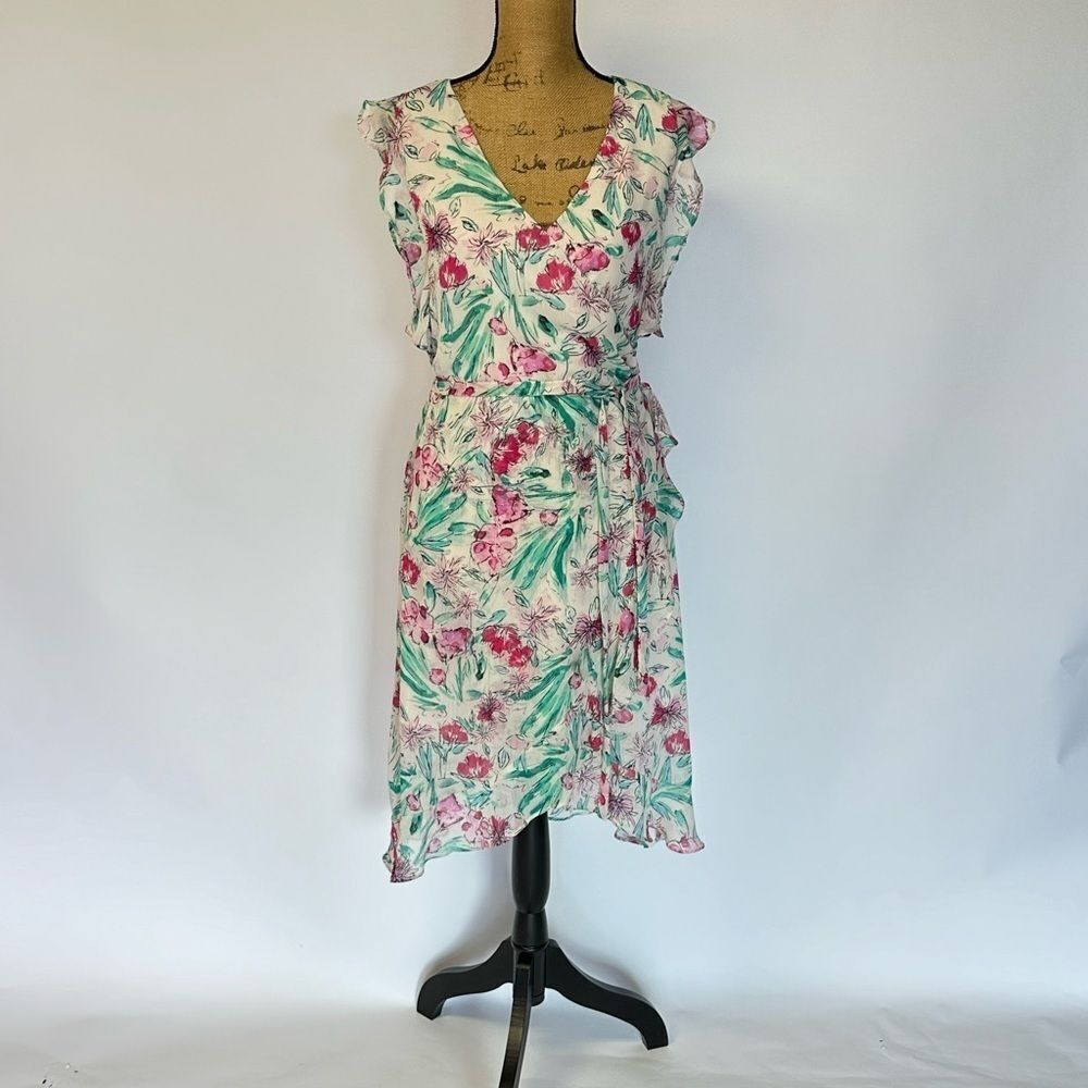 Wrap ruffle dress a new day women’s, lined feminine flowy dress, size SM